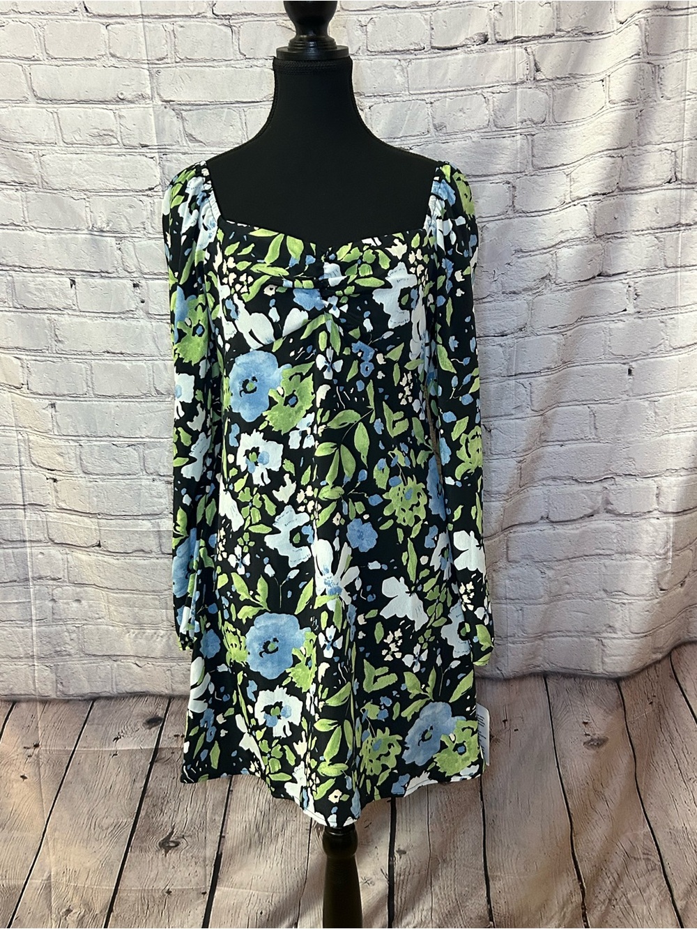 Topshop Black Floral Midi Dress with Blue & Green Blooms